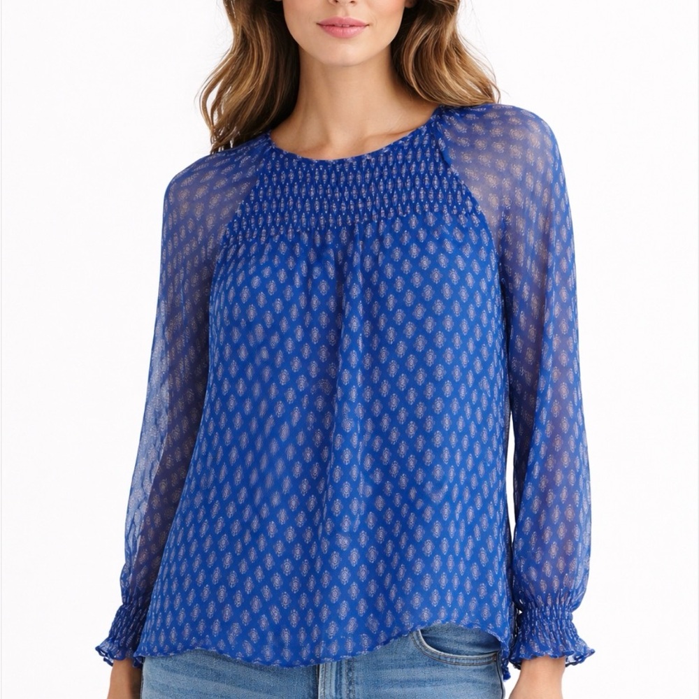 Sundance Floral Boho Fairy Peasant Sheer Smocked Long Ruffle Sleeve Top, Size S